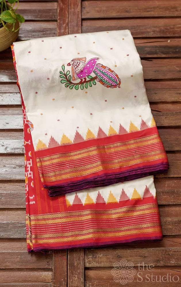 White ikkat silk saree with madhubani hand painting
