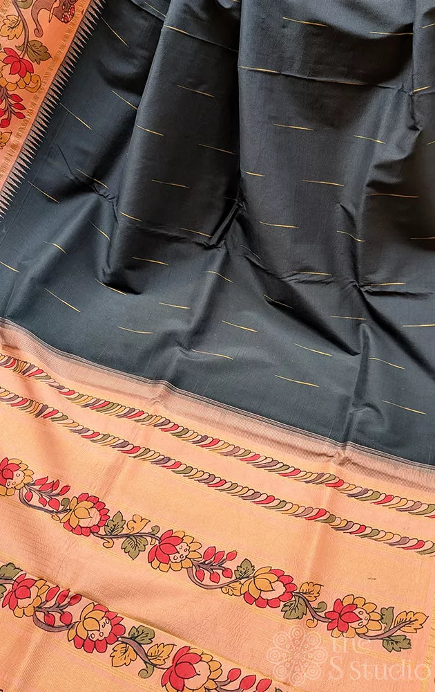Black kanchi silk saree with hand painted kalamkari peach border
