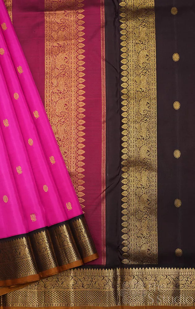 Magenta madisar 10 yards kanchipuram silk saree with brown korvai border