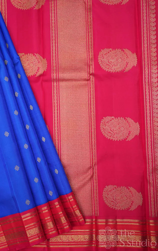 Royal blue kanchi silk saree with reddish rose korvai border