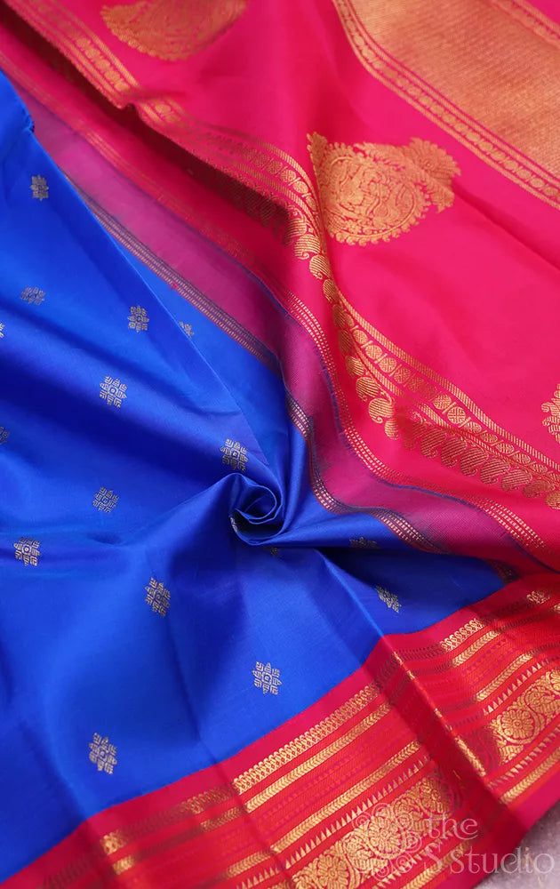 Royal blue kanchi silk saree with reddish rose korvai border