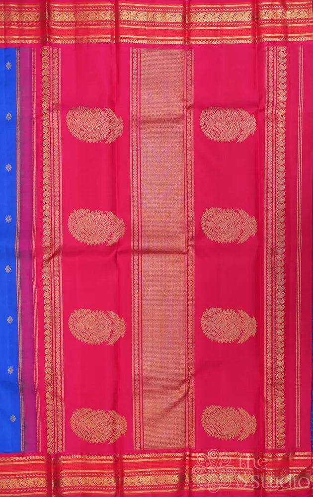 Royal blue kanchi silk saree with reddish rose korvai border