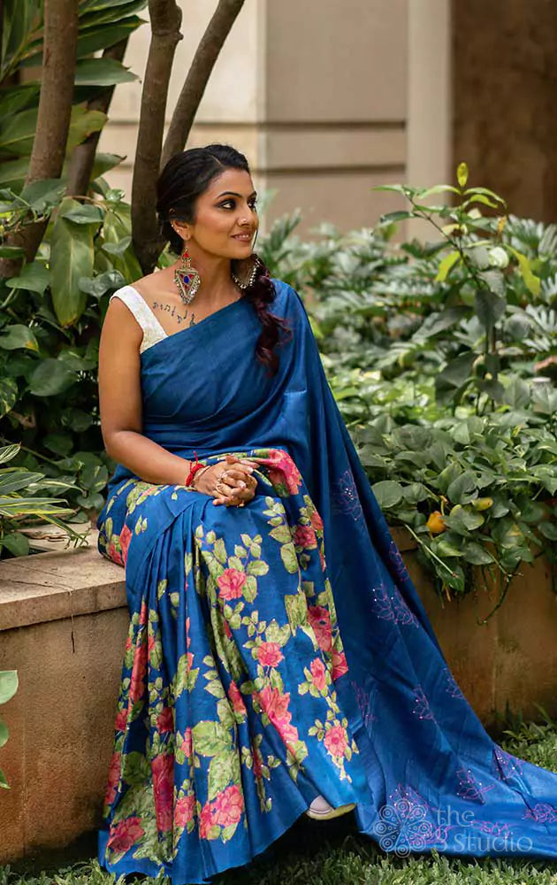 Blue tussar saree with embroidery and floral prints