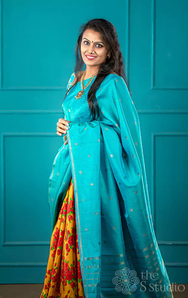 Yellow and sea green reversible digital printed kanchi silk saree (Pre-order available)