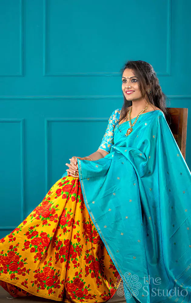 Yellow and sea green reversible digital printed kanchi silk saree (Pre-order available)