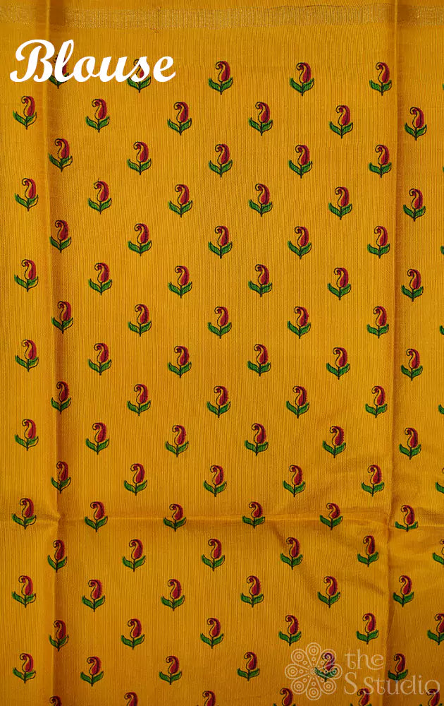 Yellow and sea green reversible digital printed kanchi silk saree