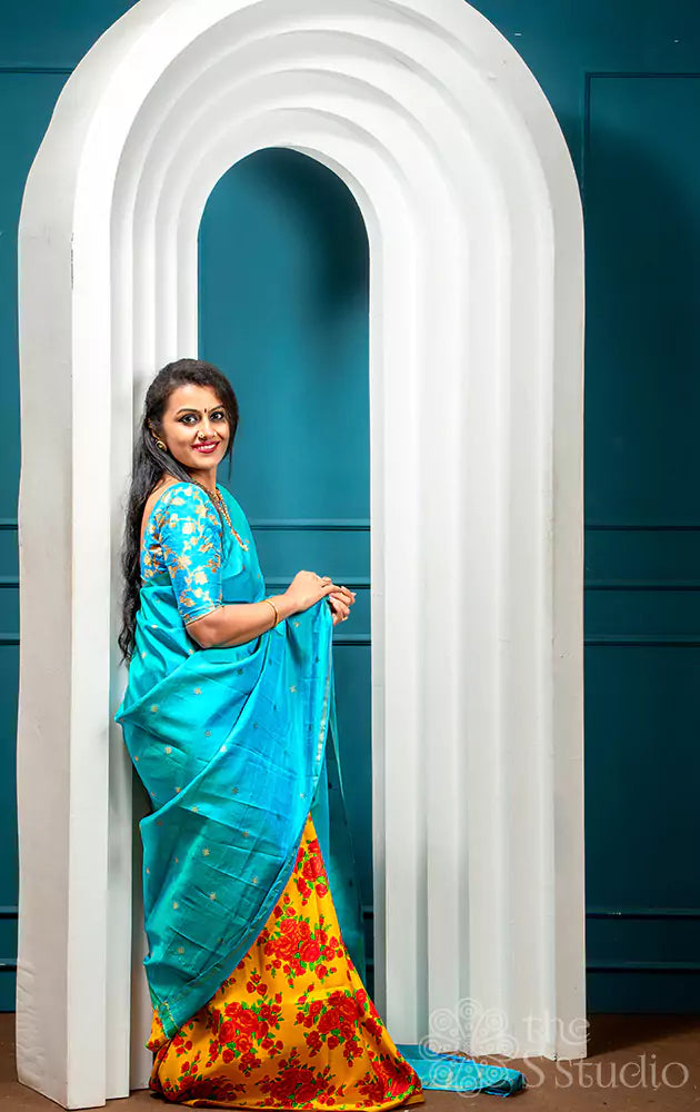 Yellow and sea green reversible digital printed kanchi silk saree (Pre-order available)