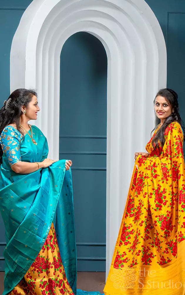 Yellow and sea green reversible digital printed kanchi silk saree (Pre-order available)