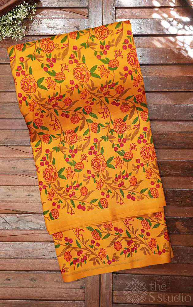 Mustard kanchi silk saree with floral prints