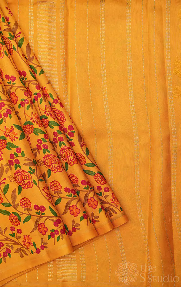 Mustard kanchi silk saree with floral prints