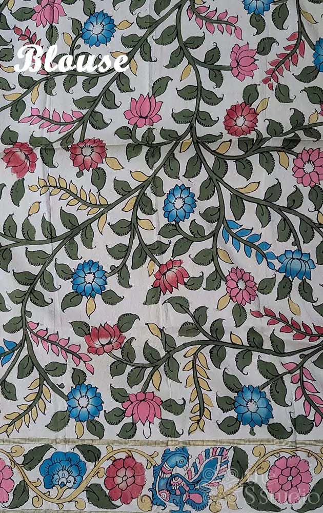 Mustard kanchipuram silk saree with offwhite handpainted kalamkari border