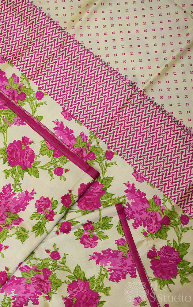 Cream kanchipuram silk saree with rani pink prints