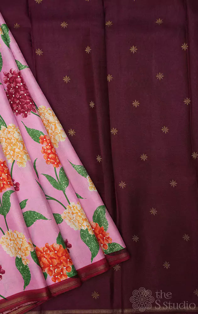 Lotus pink kanjivaram silk saree with prints and a deep maroon pallu