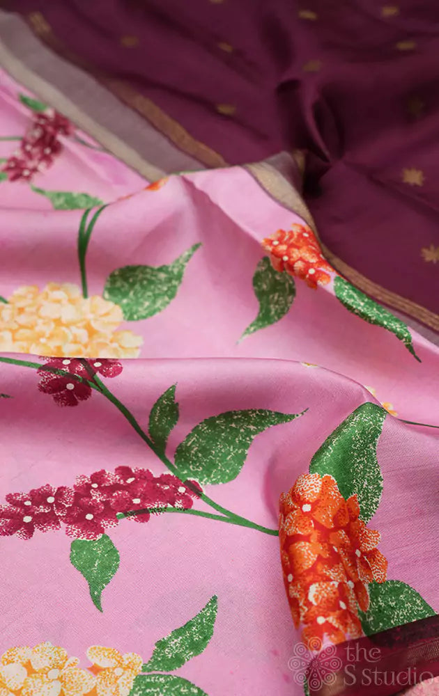 Lotus pink kanjivaram silk saree with prints and a deep maroon pallu