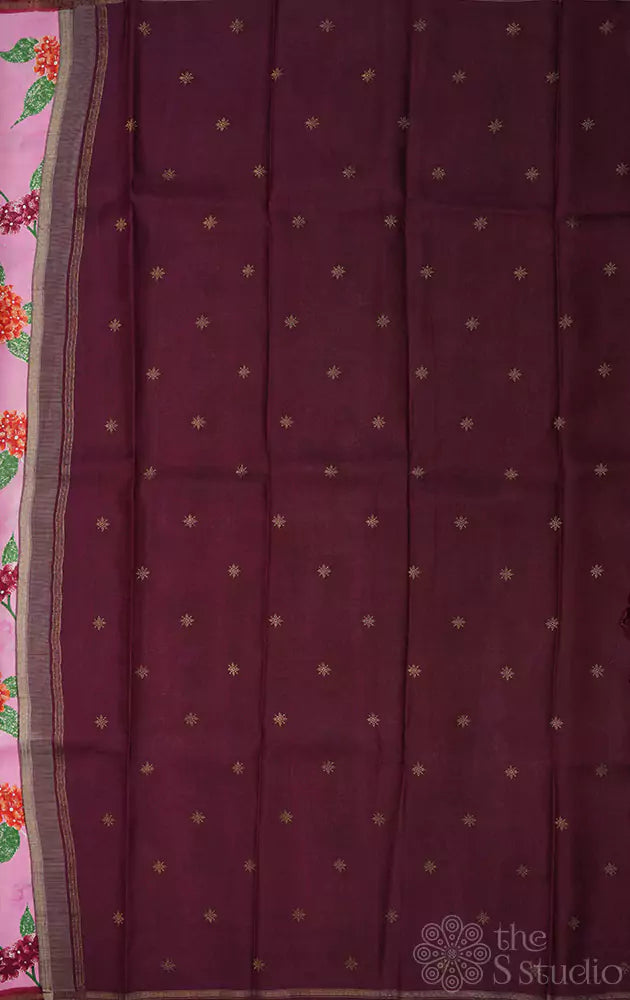 Lotus pink kanjivaram silk saree with prints and a deep maroon pallu
