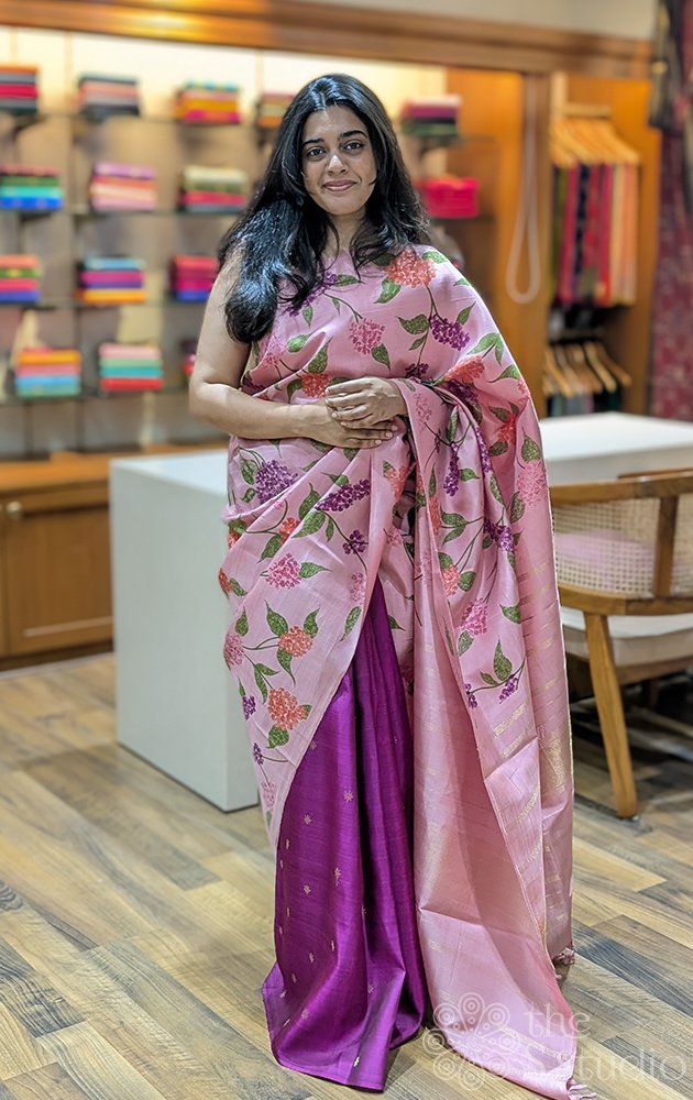 Light pink and magenta half and half reversible kanchipuram silk saree
