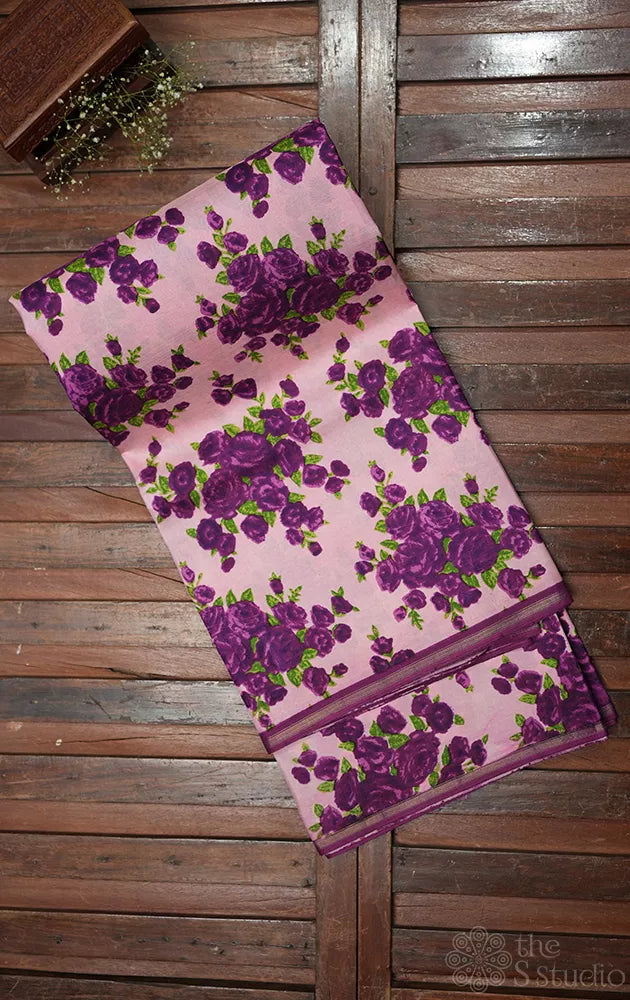 Light pink printed kanchipuram silk saree with purple pallu