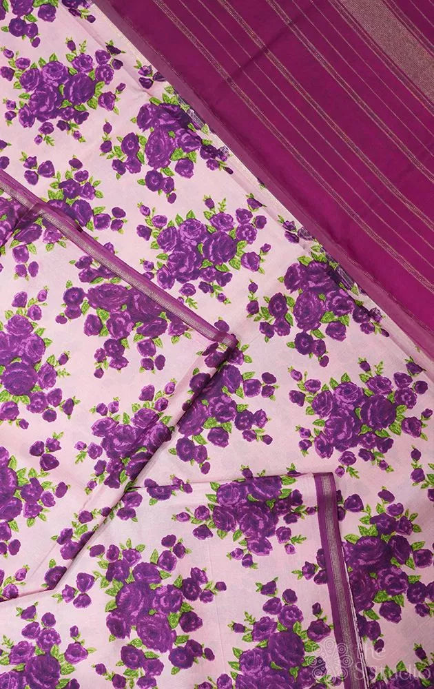 Light pink printed kanchipuram silk saree with purple pallu