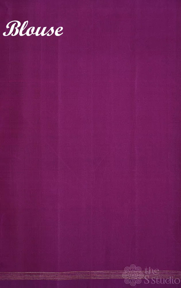 Light pink printed kanchipuram silk saree with purple pallu