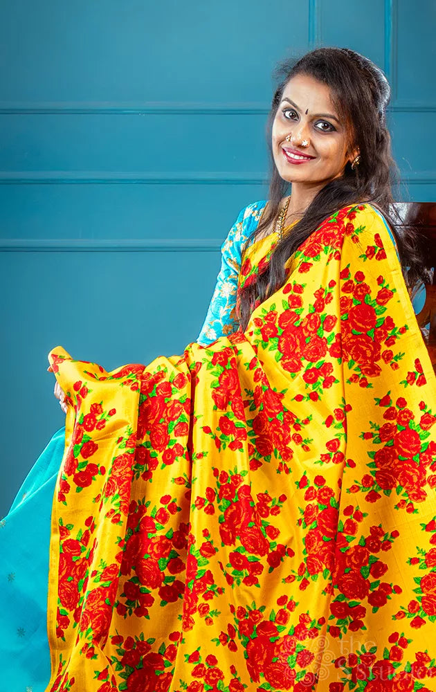 Yellow and sea green reversible digital printed kanchi silk saree