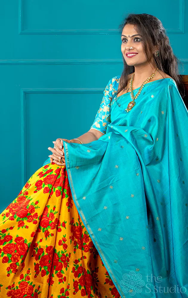 Yellow and sea green reversible digital printed kanchi silk saree