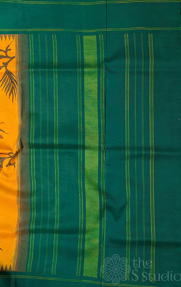 Mustard yellow kanchi pen kalamkari saree with korvai green border