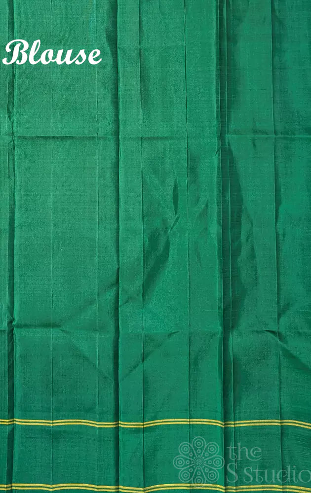 Mustard yellow kanchi pen kalamkari saree with korvai green border