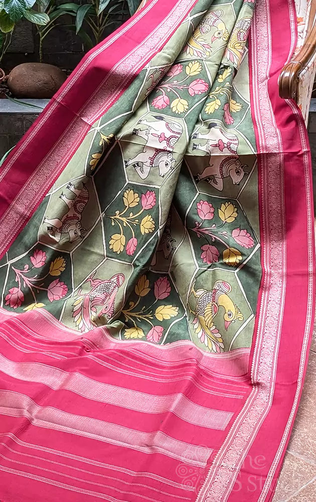 Shades of green pen kalamkari saree with threadwork maroon border