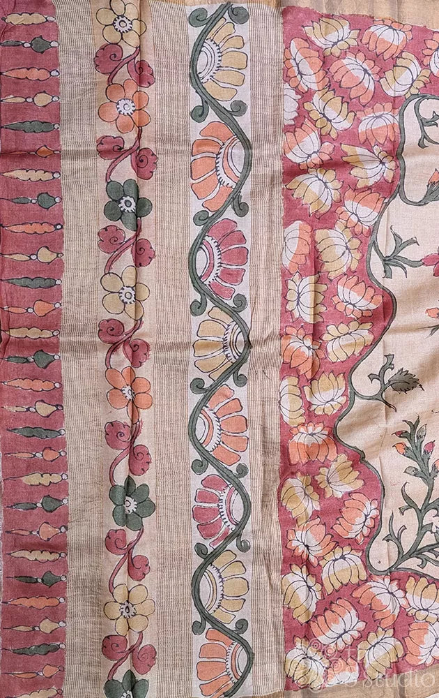 Off white hand painted kalamkari tussar silk saree