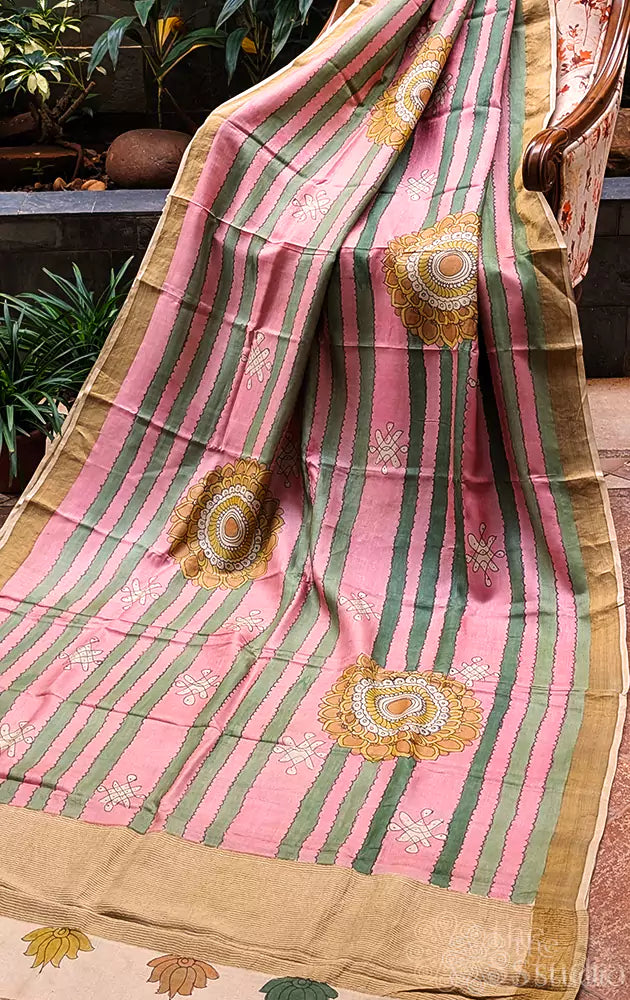 Pink and green hand painted kalamkari tussar silk saree