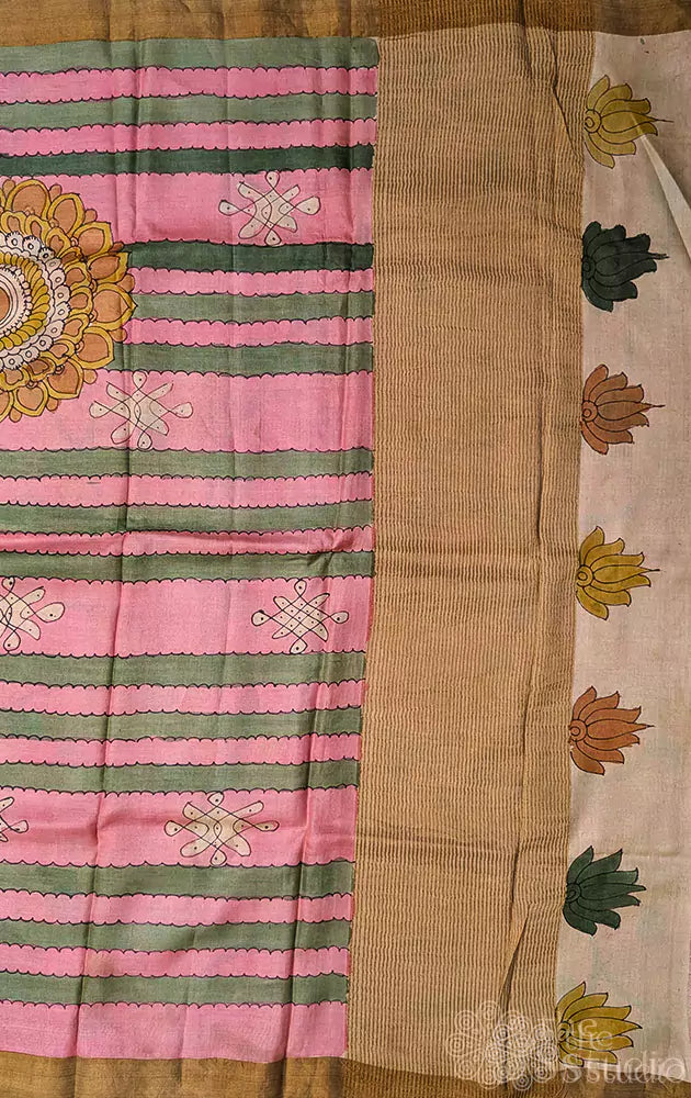 Pink and green hand painted kalamkari tussar silk saree