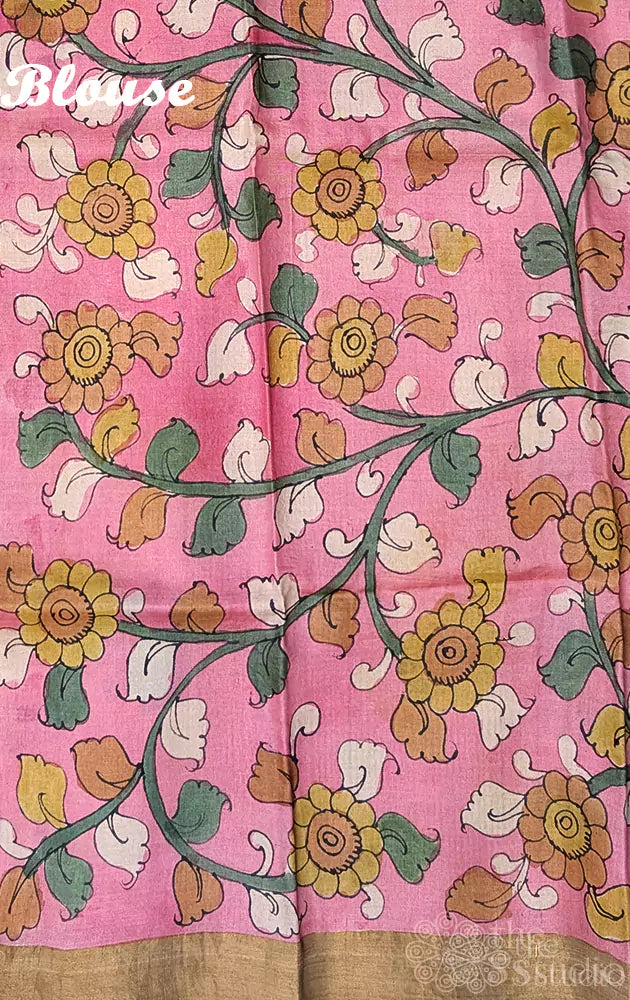 Pink and green hand painted kalamkari tussar silk saree