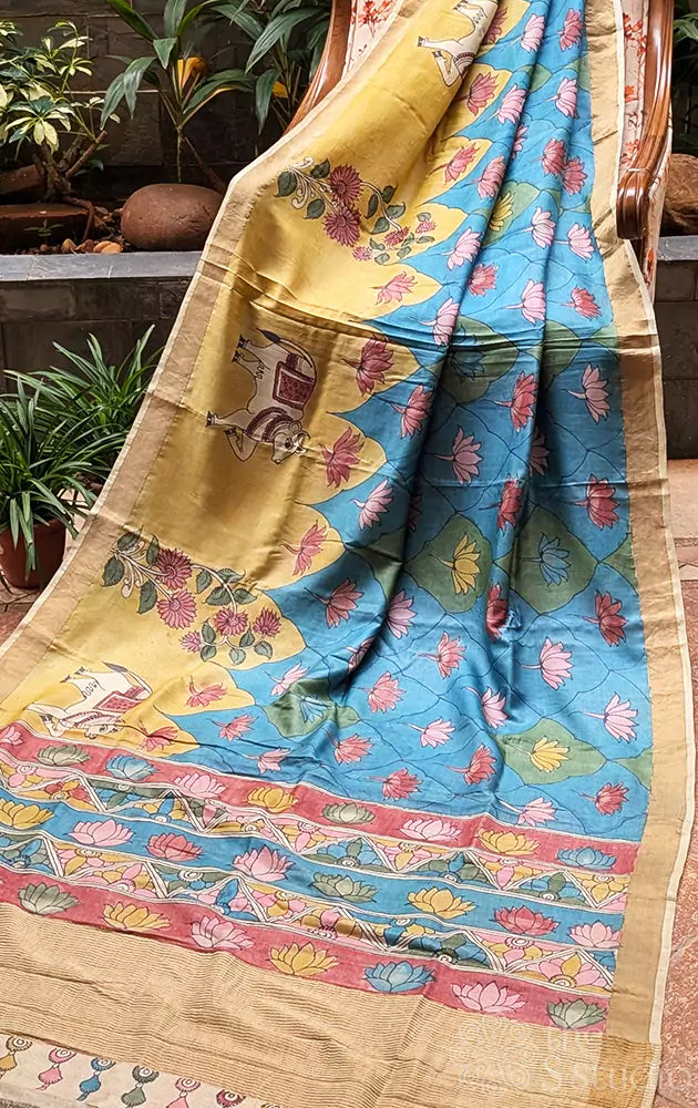 Blue tussar silk pen kalamkari saree in pichwai style