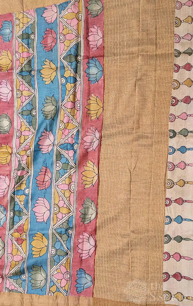 Blue tussar silk pen kalamkari saree in pichwai style