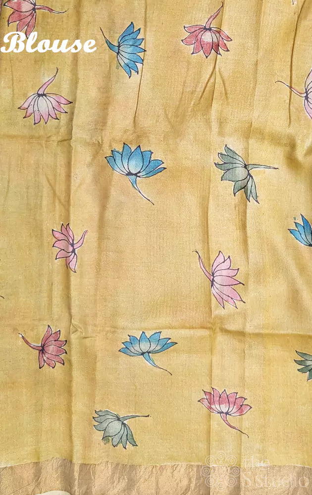 Blue tussar silk pen kalamkari saree in pichwai style