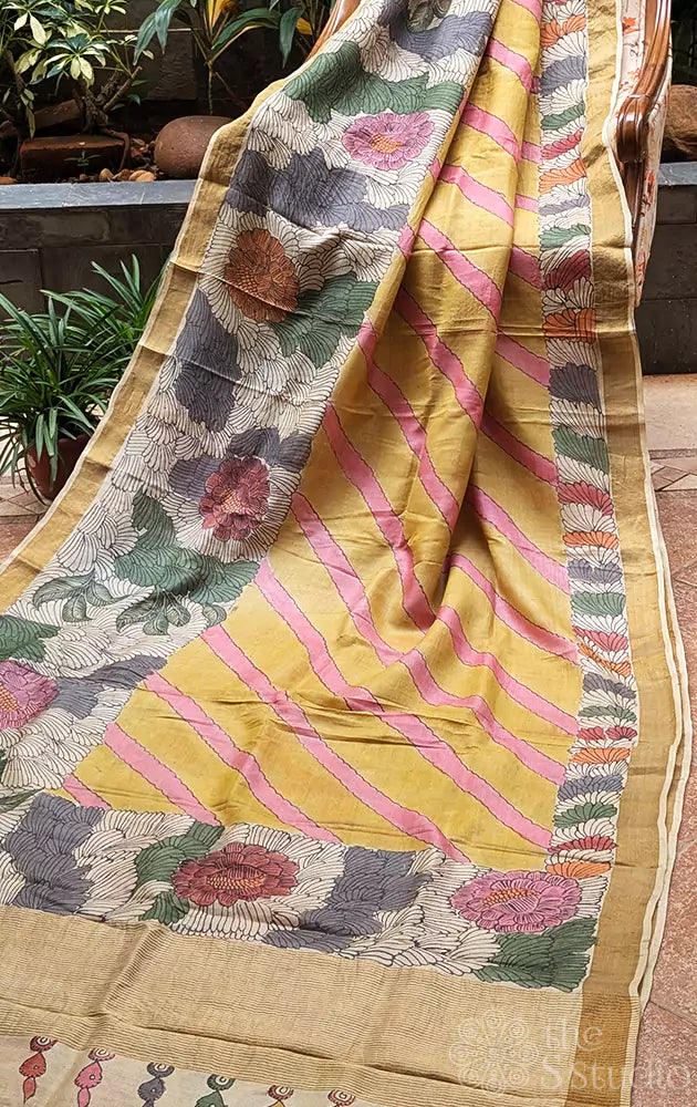 Yellow and pink pen kalamkari tussar silk saree