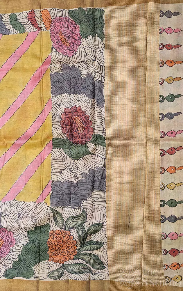 Yellow and pink pen kalamkari tussar silk saree