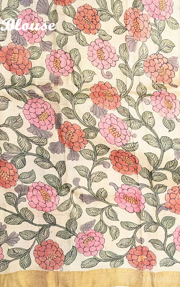 Yellow and pink pen kalamkari tussar silk saree