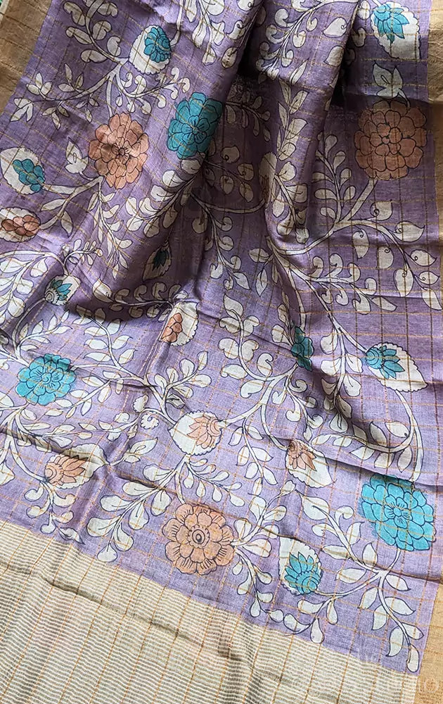 Lavender zari checked hand painted kalamkari tussar silk saree with floral motifs