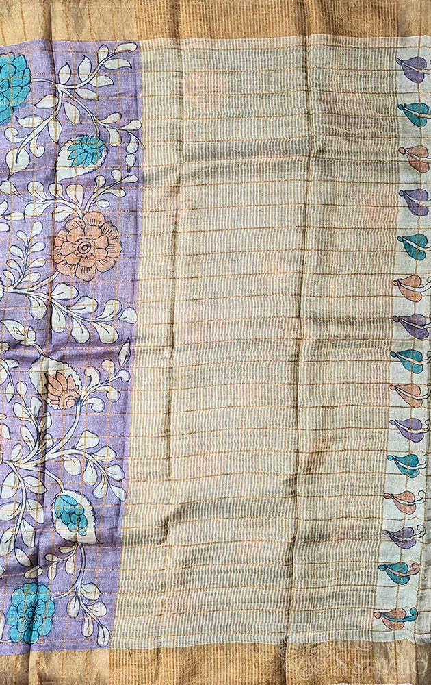 Lavender zari checked hand painted kalamkari tussar silk saree with floral motifs