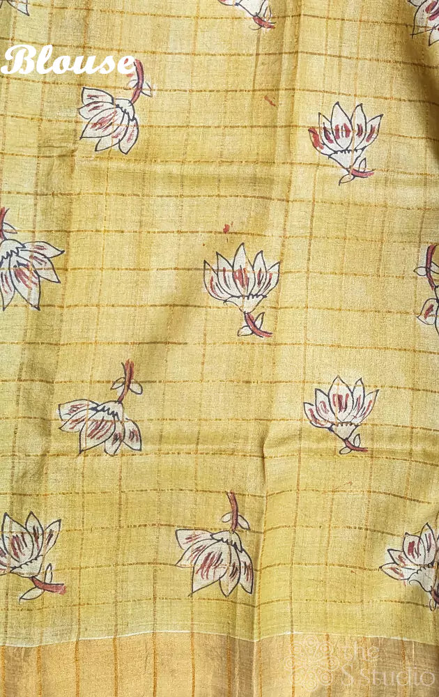 Black zari checked hand painted tussar silk saree in reverse style