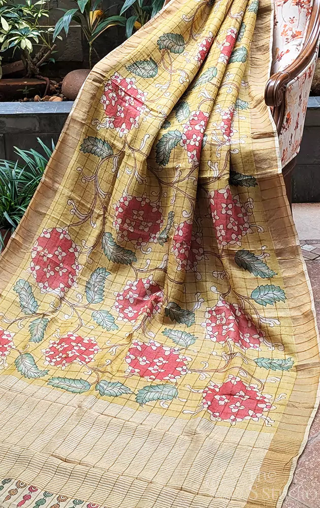 Yellow zari checked pen kalamkari tussar silk saree