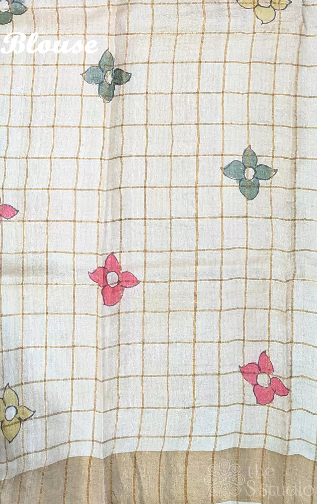 Yellow zari checked pen kalamkari tussar silk saree