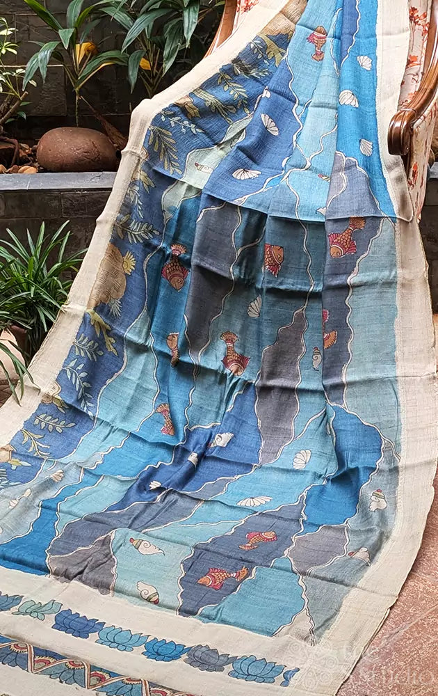 Blue ocean theme hand painted kalamkari tussar silk saree