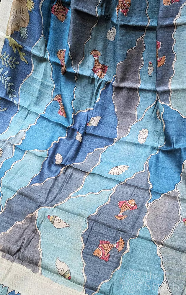 Blue ocean theme hand painted kalamkari tussar silk saree