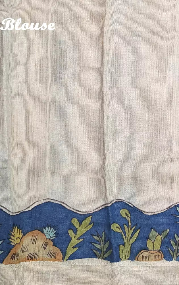 Blue ocean theme hand painted kalamkari tussar silk saree
