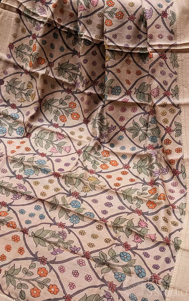 Beige pen kalamkari tussar silk saree with ghicha border