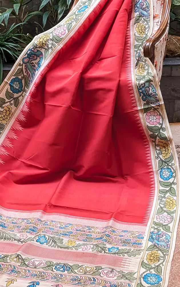 Red kanchi silk saree with hand painted kalamkari border