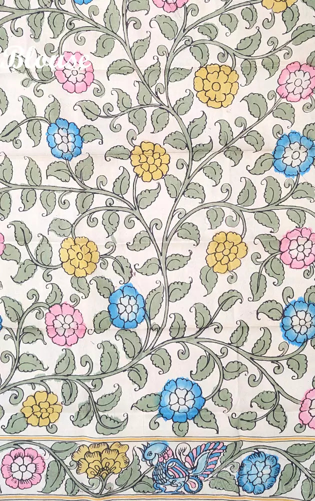 Red kanchi silk saree with hand painted kalamkari border