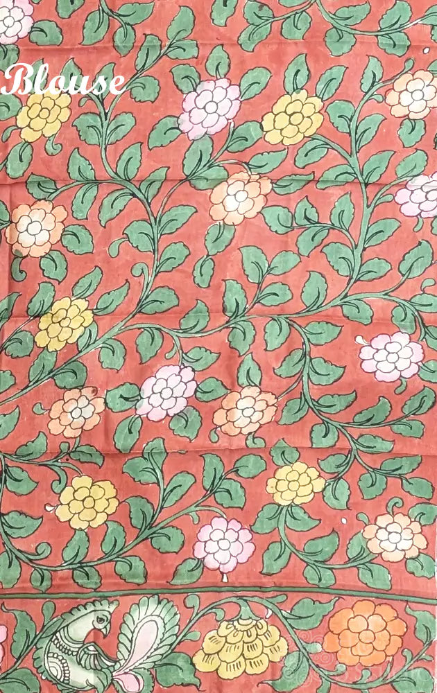 Green kanchi silk saree with hand painted kalamkari border